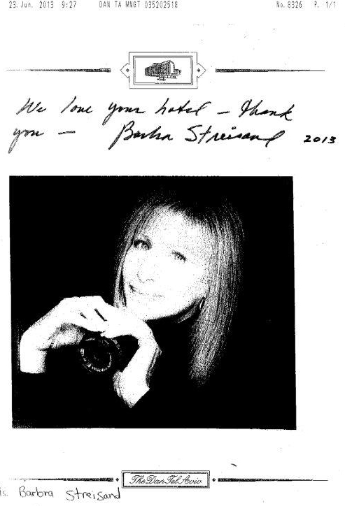 Barbra’s message in the Dan Tel Aviv Hotel’s guest book