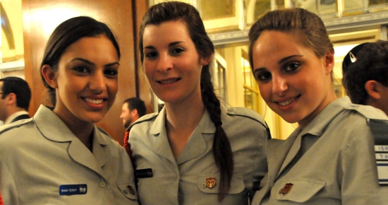 Singer Shai Terry (from left), with IDF band members Maya Itzkovich, trumpet, and Shiri Frumkin, clarinet
