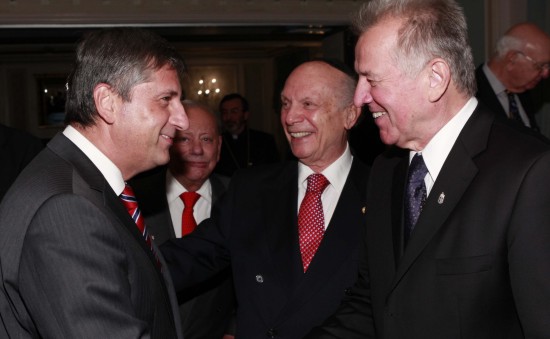 Rabbi Arthur Schneier introduces Michael Spindelegger (left), Vice Chancellor and Minister of Foreign Affairs of Austria, to Hungary President Pal Schmitt