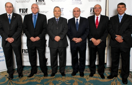 Former Chiefs of General Staff of the IDF present at the New York dinner are Lt. Gen. (Res.) Moshe Ya'alon , Lt. Gen. (Res.) Amnon Lipkin-Shahak, Minister of Defense Lt. Gen. (Res.) Ehud Barak, Lt. Gen. (Res.) Shaul Mofaz, Lt. Gen. (Res.) Dan Halutz, and Lt. Gen. Gabi (Res.) Ashkenazi. Photo by Shahar Azran